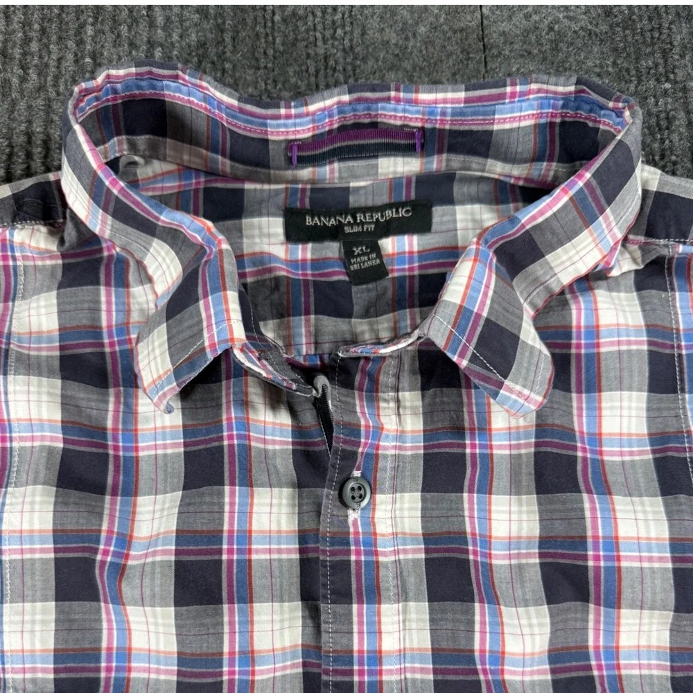 Banana Republic Slim Fit Plaid Button Down Shirt Mens XL Navy Pink Long Sleeve